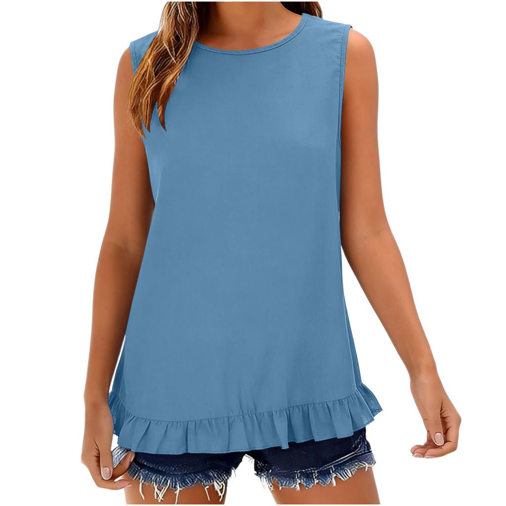 Women's Sleeveless Button Down Shirt Casual Summer Blouse Loose Fit Round Neck Ruffle Hem Lightweight Top