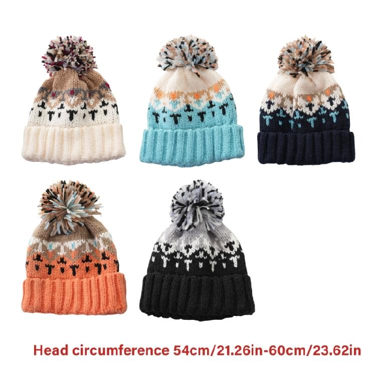 Pompoms Contrast Color Winter Hat Knitted Slouch Skull Hat Adjustable for Outdoor Activity Everyday Use Head Accessory