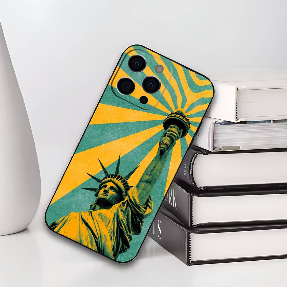 

America Flag S-Statue L-Liberty USA Phone Case For iPhone 17,16,15,14,13,12,11 Plus,Pro Max,XS,Soft Silicone Black Cover iPhone17promax