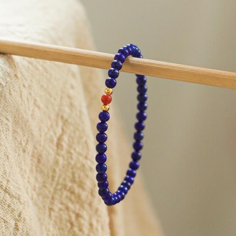 Lapis Lazuli Beaded Bracelet with Red Agate Gold Accents – Natural Stone Protection Jewelry for Men Women, Dainty Gift