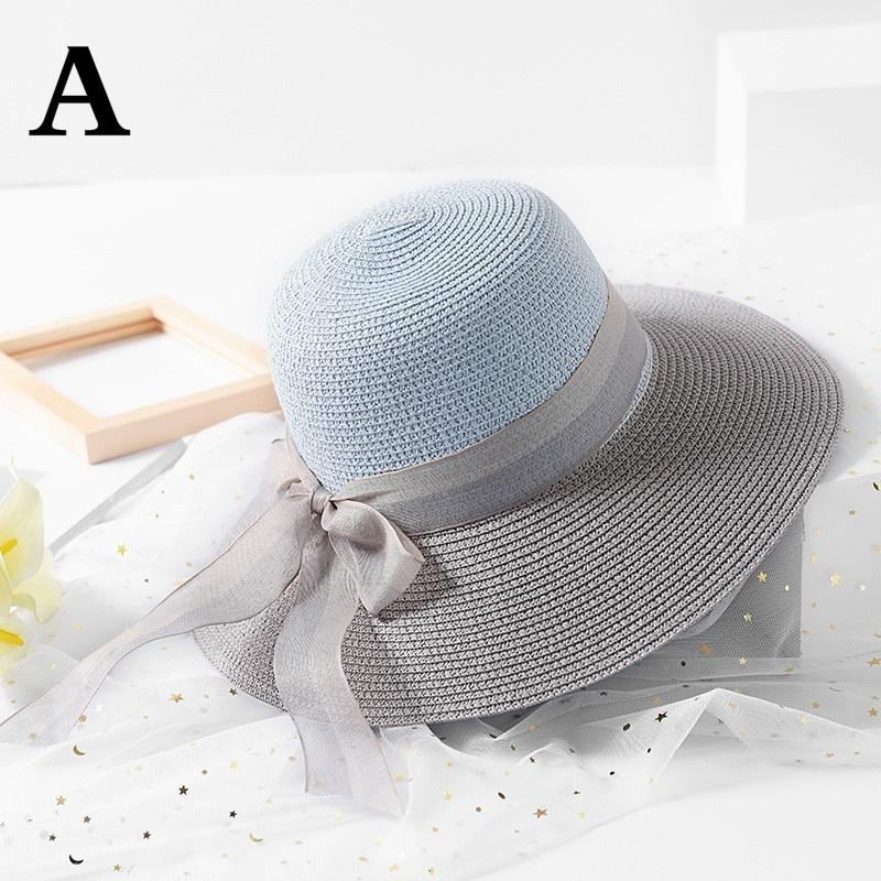 FashionTwo-color Patchwork Striped Bowknot Summer Sun Hat Women Straw Beach Hat Large Brimmed Hat