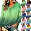 Women's Fashion Gradient Print Neck Tie Front Long Sleeve Ruffle Hem Pullover Top
