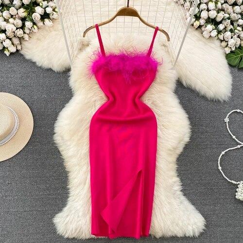 RUGOD France Sexy Knitted Club Dress Women Sleeveless Split Sundress Vintage Short Dress Feathers Montage Green Slim Dress