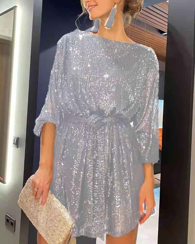 European And American New Holiday Party Fashion Sequins Beads Solid Color Waist Dress Small Dress Dress