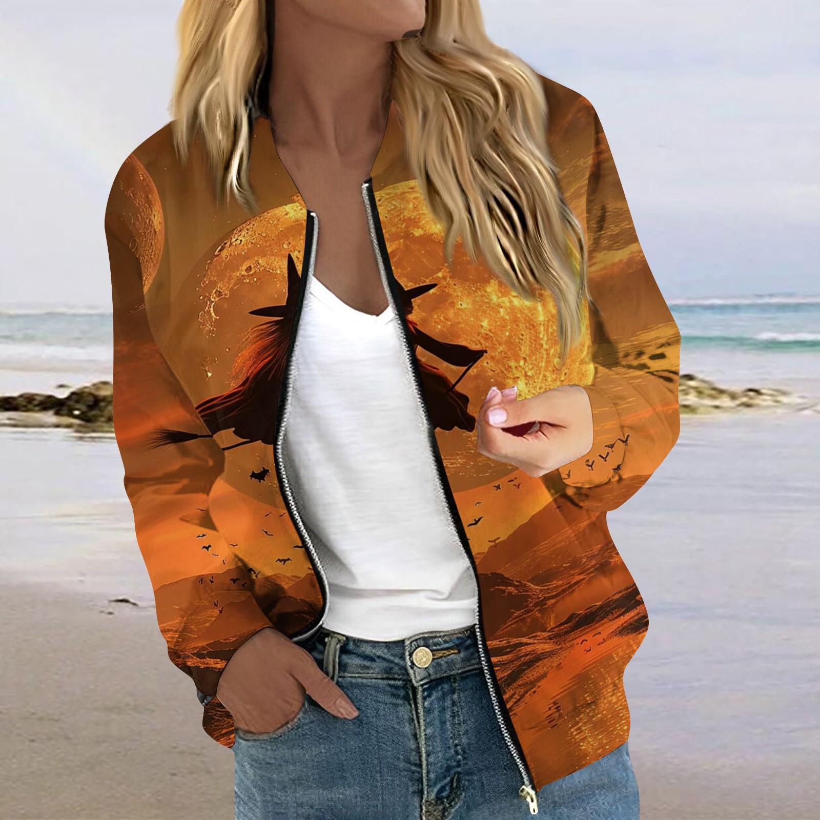 

Жіноча модна повсякденна куртка з круглим вирізом і принтом на блискавці з довгими рукавами XXL помаранчевий