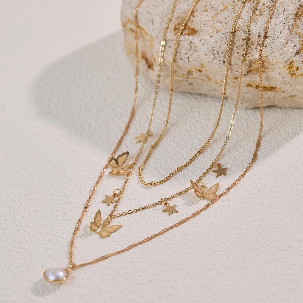 European & American Fashion Multi-Layer Butterfly Star Faux Pearl Pendant Necklace