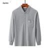 Men's Thick Cotton Long-Sleeve Dad T-Shirt for Spring/Autumn - Loose Fit, Solid Color, Lapel, Real Pocket, Casual Wear for Middle-Aged Men.