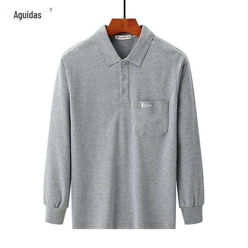 Men's Thick Cotton Long-Sleeve Dad T-Shirt for Spring/Autumn - Loose Fit, Solid Color, Lapel, Real Pocket, Casual Wear for Middle-Aged Men.