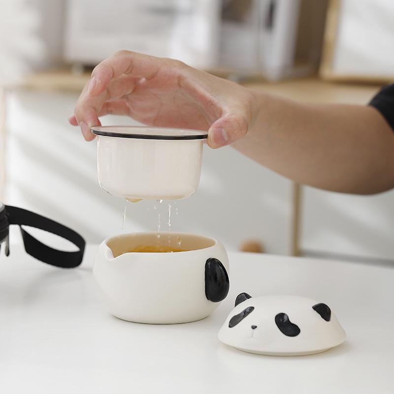 Red Panda Portable Tea Set: One Pot, Three Kung Fu Cups, Creative Ceramic Design