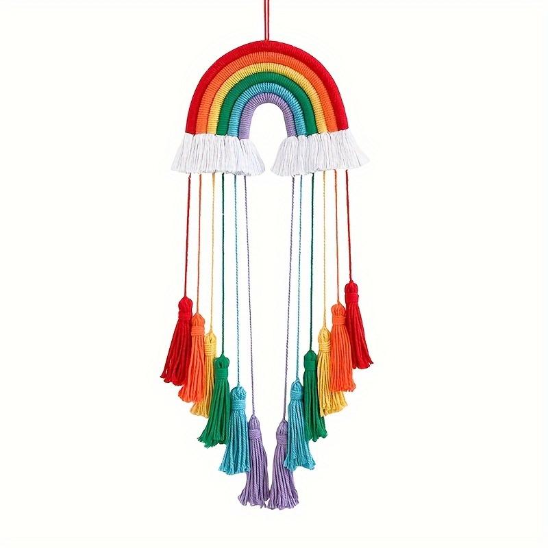 Bohemian Rainbow Wall Hanging with Handmade Lace, Colorful Bow Tassels and Pompoons Bohemian Home Decoration