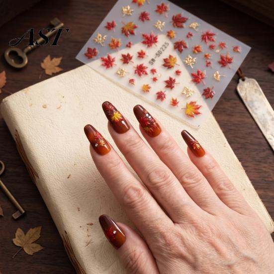 Seasonal Fall Nail Art Autumn Maple Leaf Stickers, Self-Adhesive Leaves Decals, DIY Manicure Accessories Women Embossed Stickers for Home and