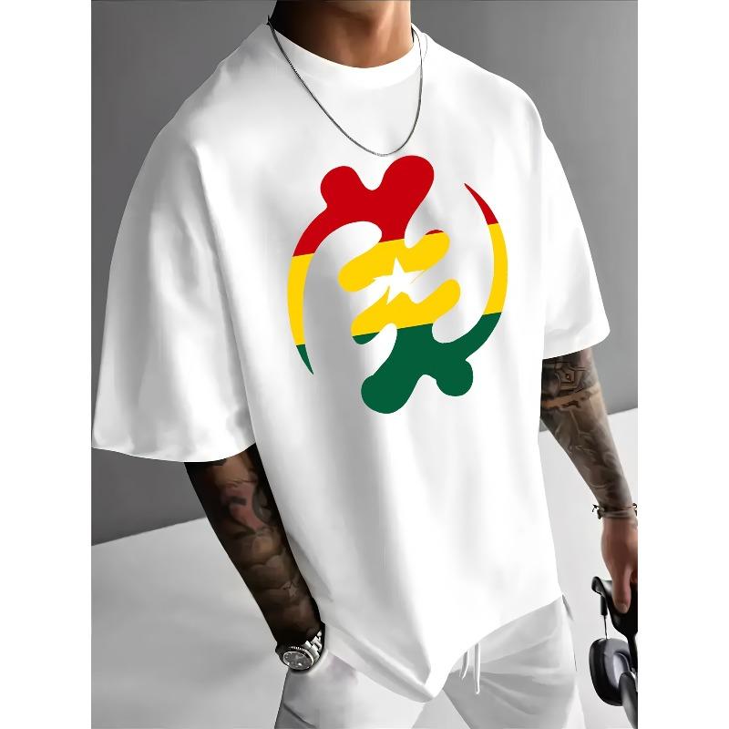 Ghanaisches Element-Print Herren Freizeit-T-Shirt, Sommer Herren Rundhals Kurzarm-T-Shirt, Modisches Vielseitiges Trendiges Print Kurzarm