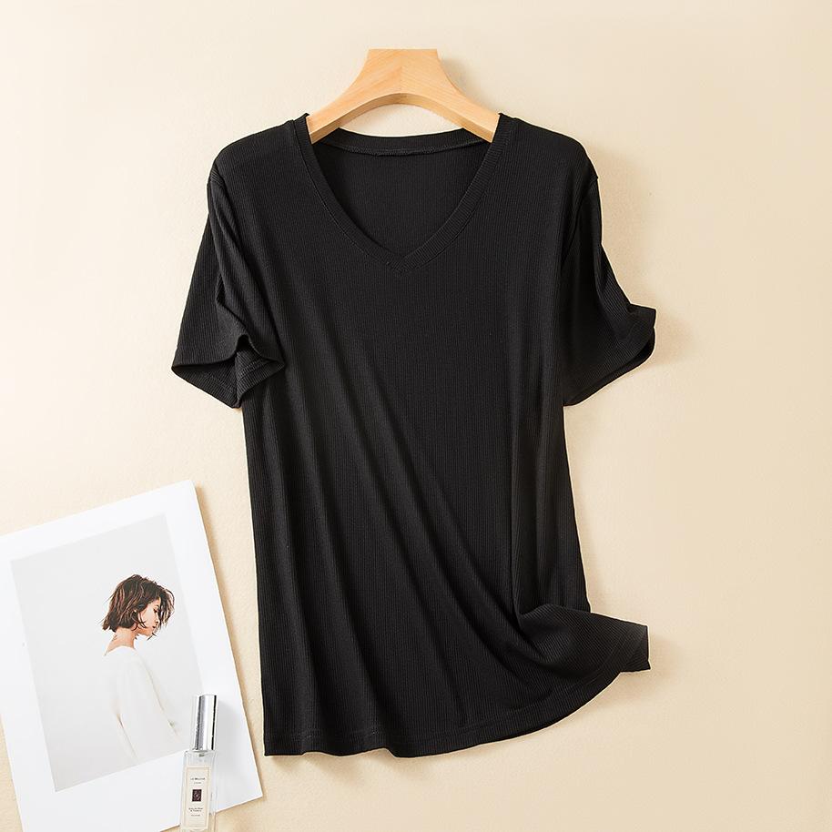 Rib Cotton V Neck T-shirt Short Sleeves Summer Women's Casual T-shirts Loose Tee Tops Solid Color Basic TShirt Tees