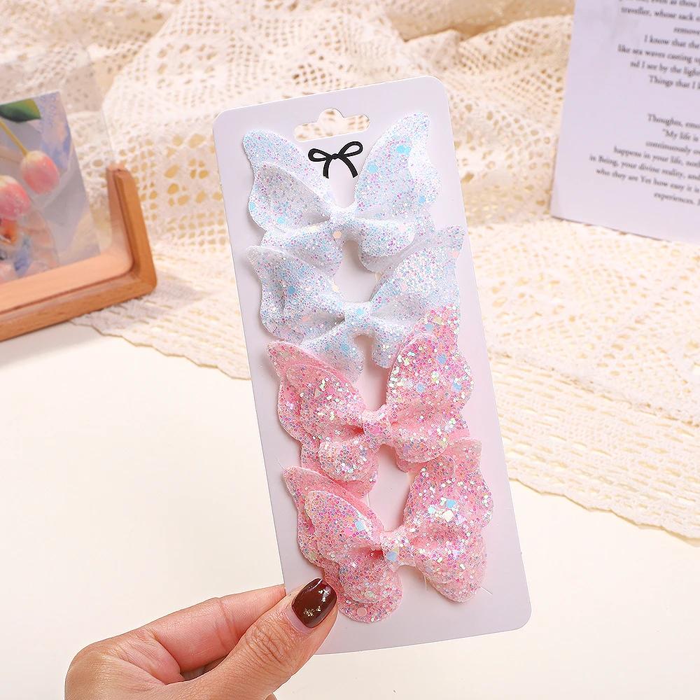 4Pcs/set Cute Sequins Double Butterfly Hair Bows Clip for Baby Girls Leather Kids Hairpins Barrettes Headwear Hair Acesssories