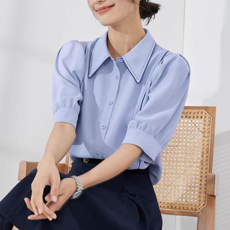 

Womens Solid Color Pointed Collar Puff Sleeve Blouse S синий