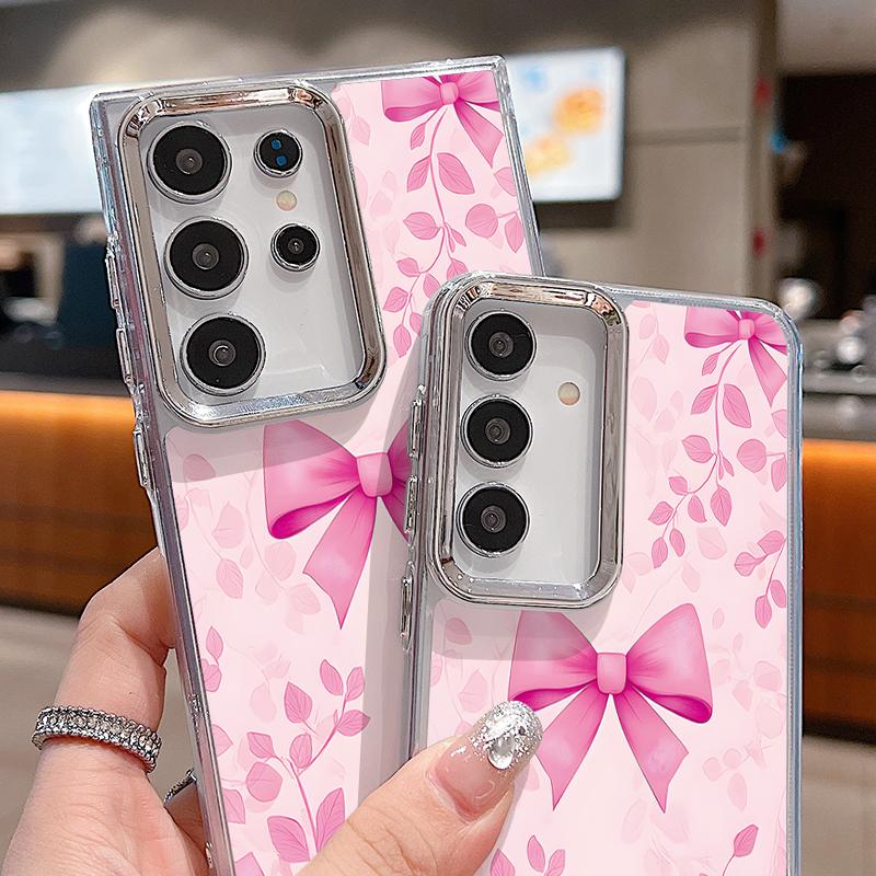 Cute Cartoon Bowknots Print Case For Samsung S26 S25 Ultra S24 FE S23 Plus S22 S21 A15 A16 A17 A35 A36 A37 A54 A55 A56 A57 5G Plating Lens Soft Cover