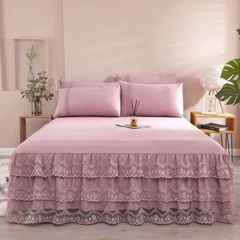 Luxury Lace Bed Skirt Summer Bedspread Solid Satin Rayon Bed Linen Couple Bedding Single Double Queen King Size Bed Sheet