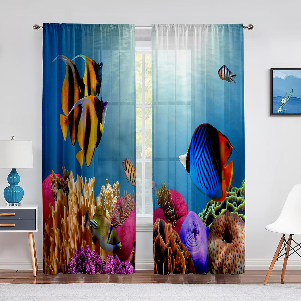 

Тюлевая вуаль с подводным миром океана, прозрачные занавески с тропическими рыбами, акулами, кораллами в глубоком море, для гостиной, спальни 1 PCS W100XH250cm&Grommet Top