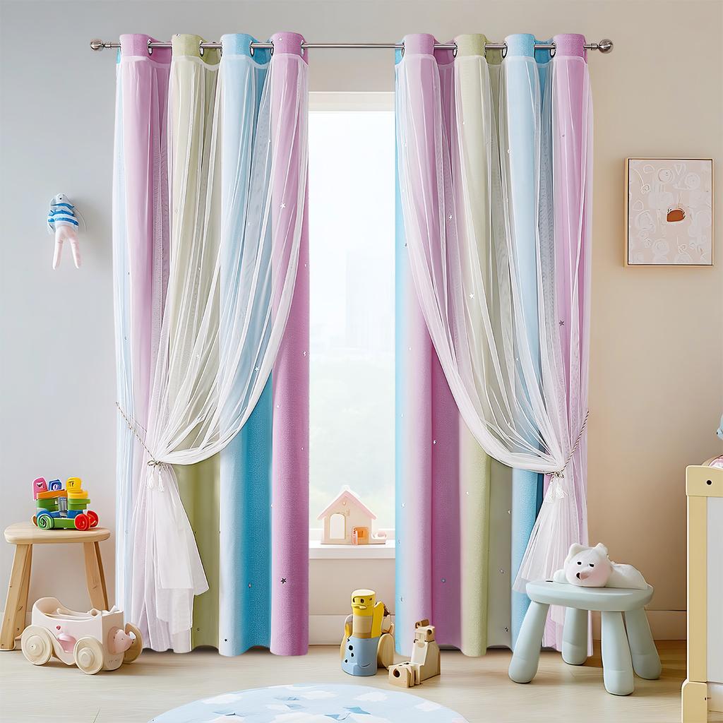2025Gradient Striped Curtains Double Layer Curtains Blackout Sheer Curtains Perforated Curtains