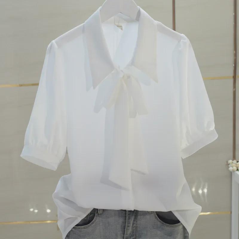 Women's White Chiffon Bow Tie Shirt - Summer Short-Sleeved Professional Top