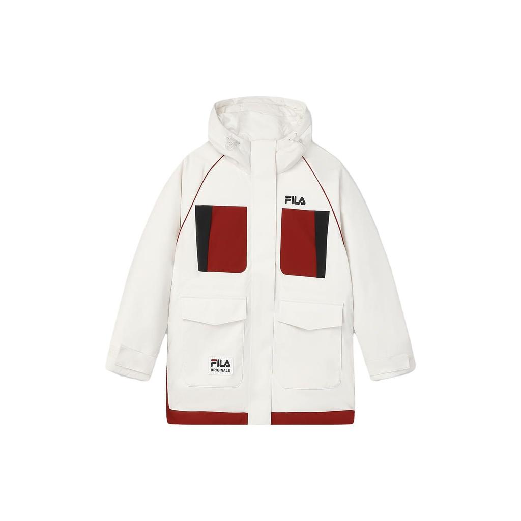 Fila Color Block Hooded Logo Print Casual Mid-Length Parka Down Jacket Women Outerwear Cloud-Mushroom-White F11W349905FWT