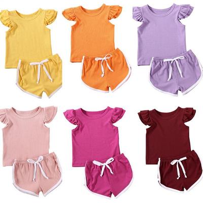 Summer 2025 Ribbed Cotton Flutter Sleeve Top & Shorts Set for Toddlers and Girls