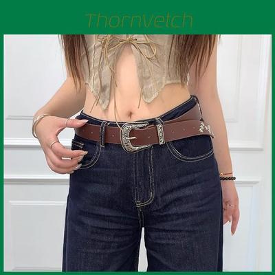 Vintage Y2k Star Rivet Pu Leather Belt With Alloy Buckle For Daily Wear