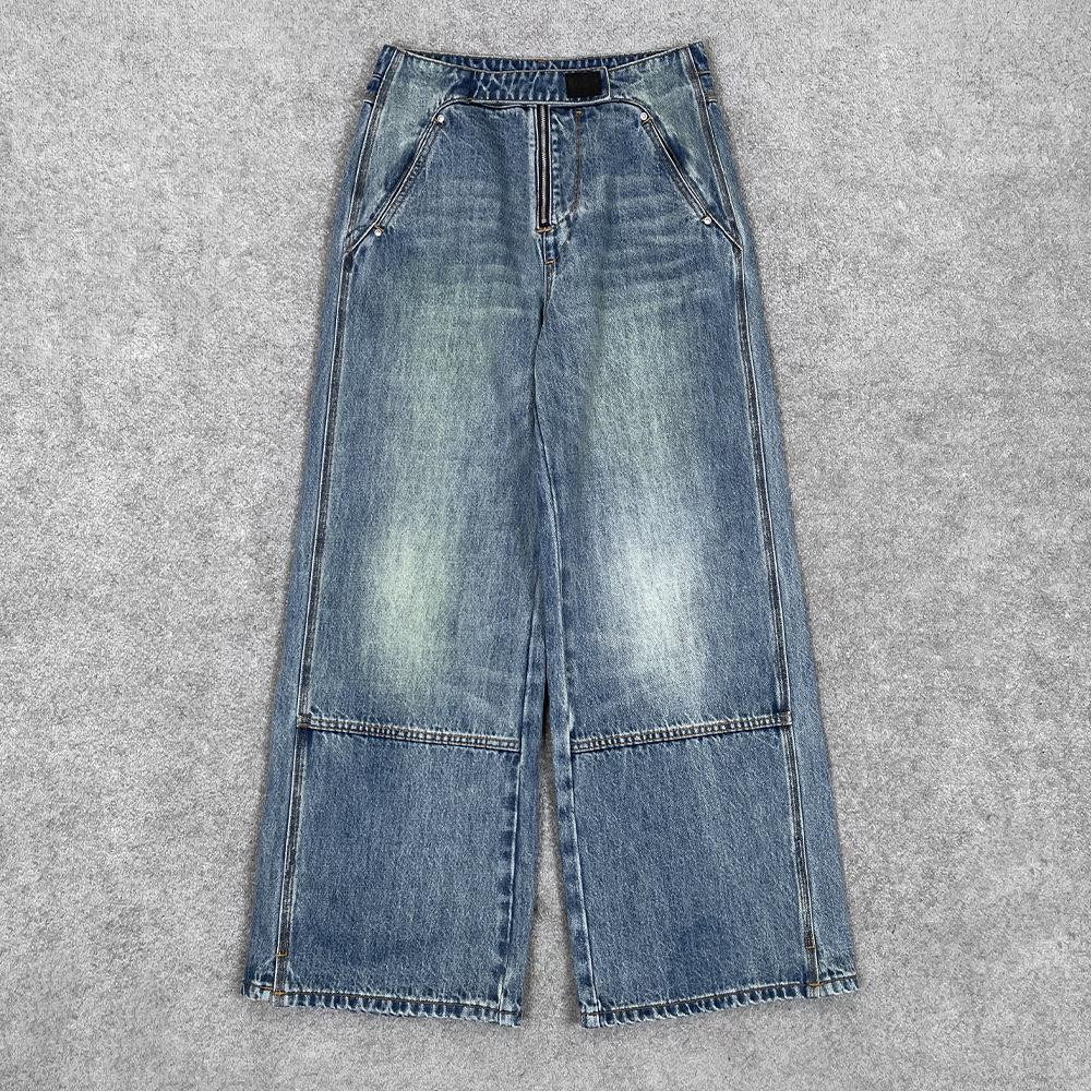 

Nanyou Women s Retro Distressed Washed Leather Label Velcro Wide-Leg Jeans Medium