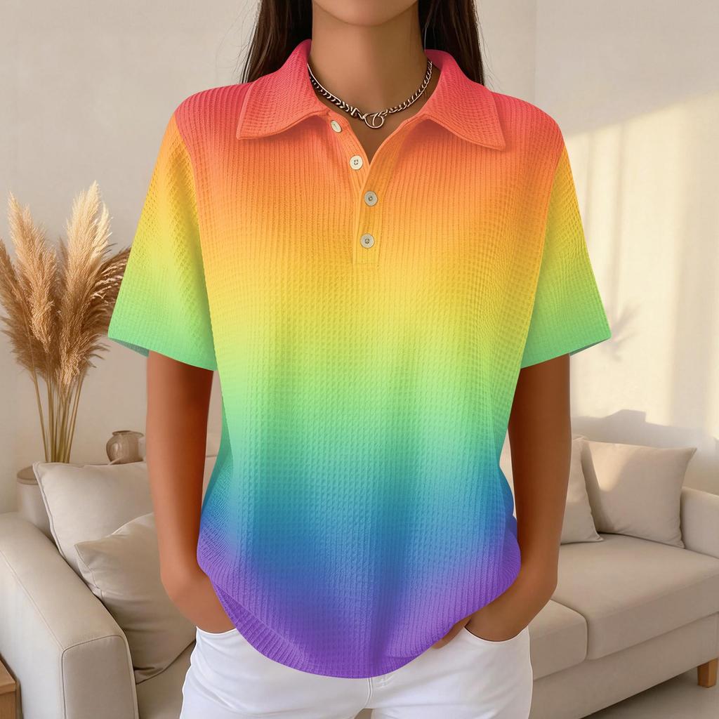Polo Décontracté à Manches Courtes pour Femme en Tricot Gaufré Col Boutonné Coupe Ample Haut Léger pour un Usage Quotidien