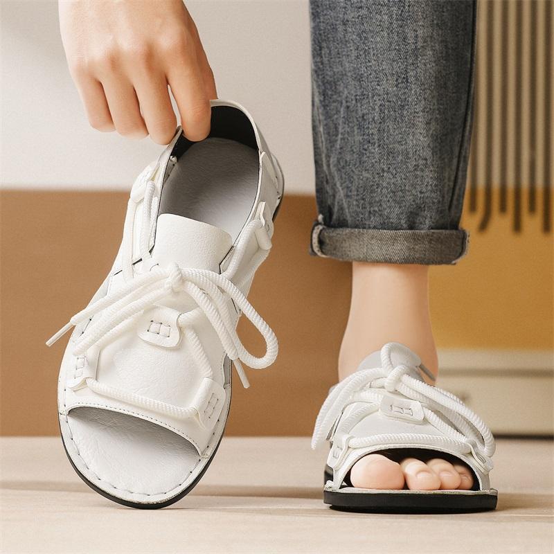 

Men Handmade Simple Flats Brown Sandals Summer Roman Sandals Black white Leather Beach Shoes Plus Size EU:48 білий