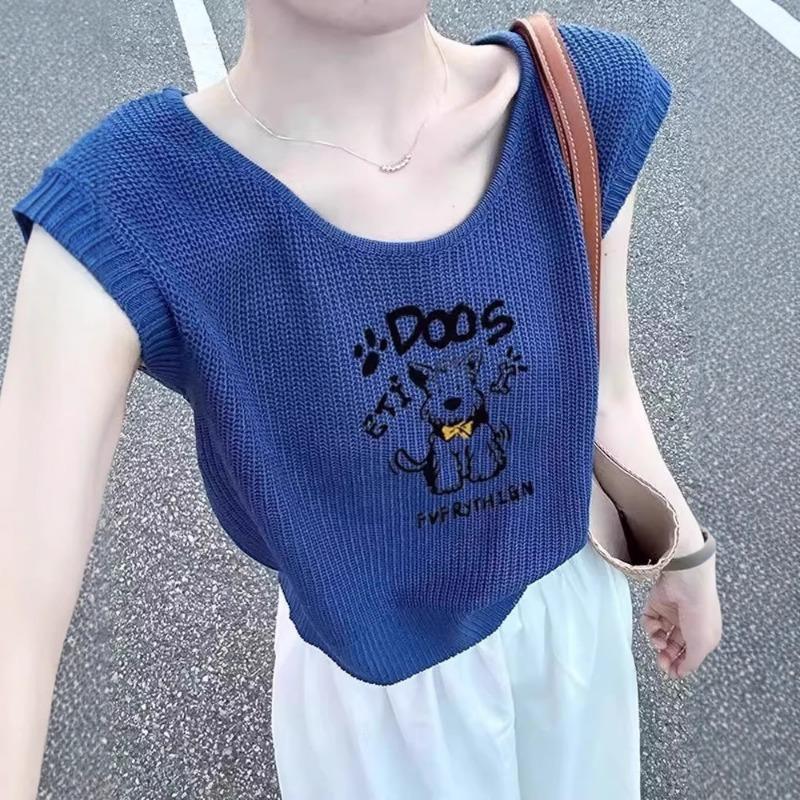 

Korean Style Fun Printed Knitted Vest for Women New Summer Loose and Versatile Casual Sleeveless Top Onesize синий
