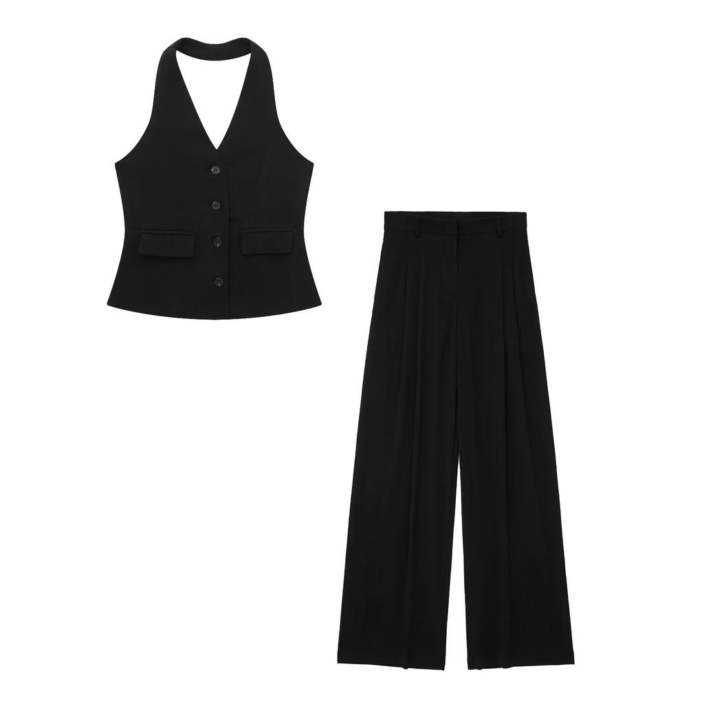 Women's Backless Halter Neck Vest, Pleated Wide Leg Pants