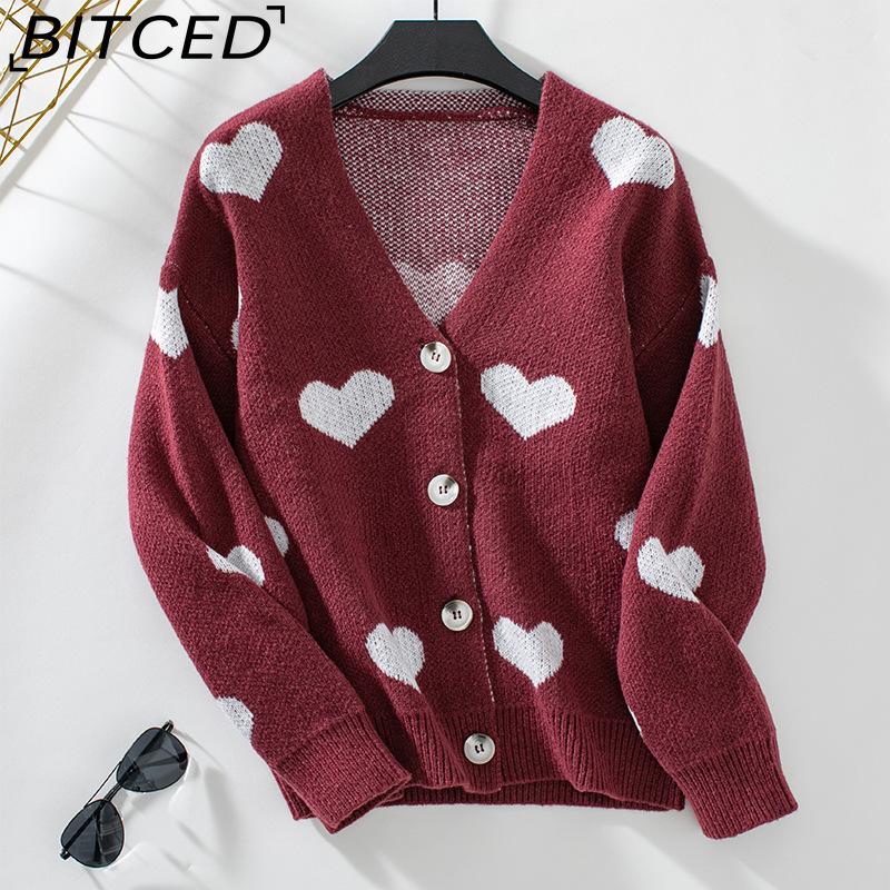 

BITCED Women s Knitwear Fall/Winter Heart-Print Single-Button Loose-Fit Cardigan XL бордовый