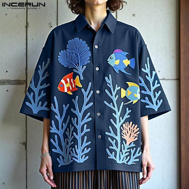 INCERUN Men Lapel Half Sleeve Floral Print Casual Loose Oversized Shirts