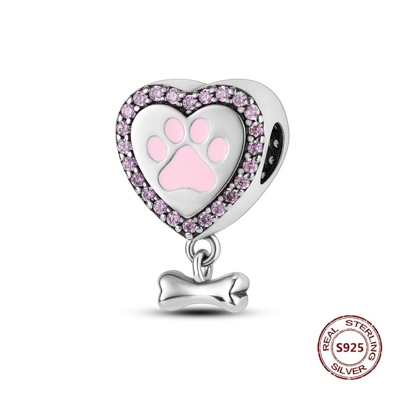 Copper Original Dog Cat Safety Chain Lazy Cat Pink Zircon Pet Paw Print Footprint Charms Fit Bracelet For Women Diy Jewelry