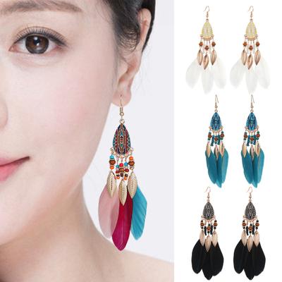 Hook Earrings Ethnic Style Water-drop Pendant Beaded Personality Eye-catching Decoration Hypoallergenic Artificial Feather