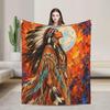 Native Woman Moon Throw Blanket, Impasto Oil Painting, Bohemian Decor, Soft Flannel