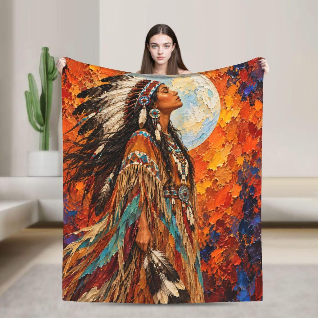 Native Woman Moon Throw Blanket, Impasto Oil Painting, Bohemian Decor, Soft Flannel