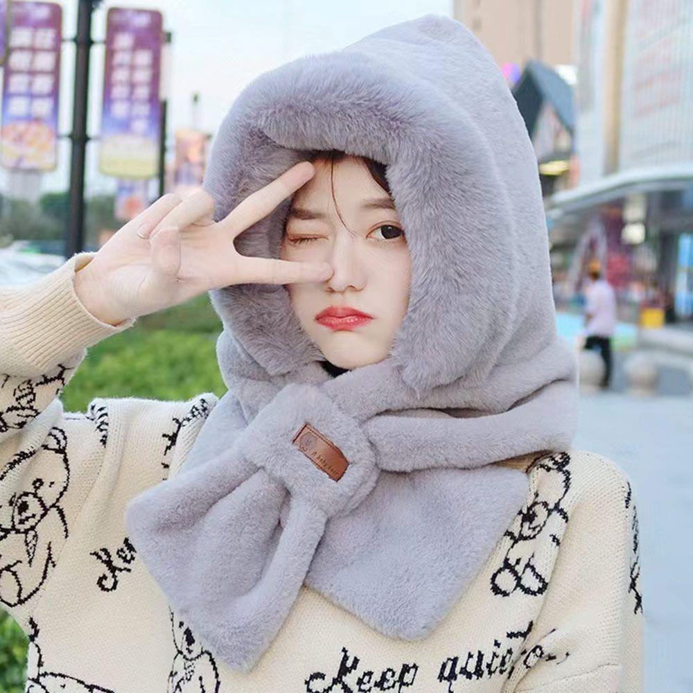 

Thickening Beanie Hat Scarf Plush Neck Warmer Winter Ear Protection Cap Outdoor сірий