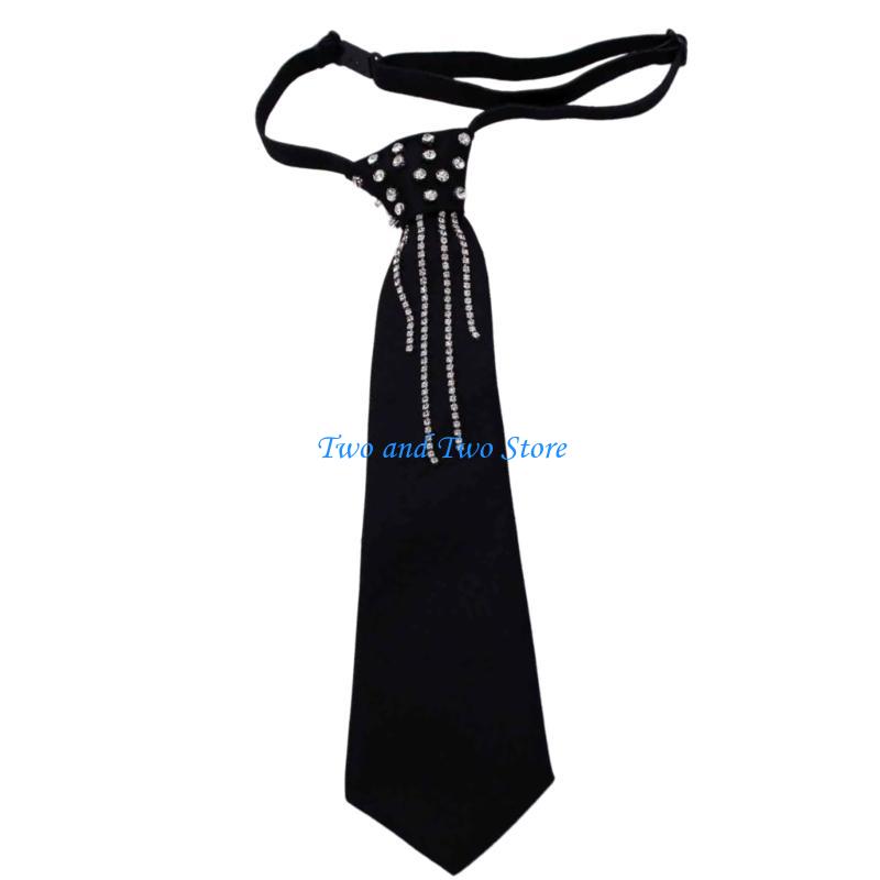 HX6F Women's School Uniform Tie Harajuku Rhinestones Vintage Pre Tied Black Necktie