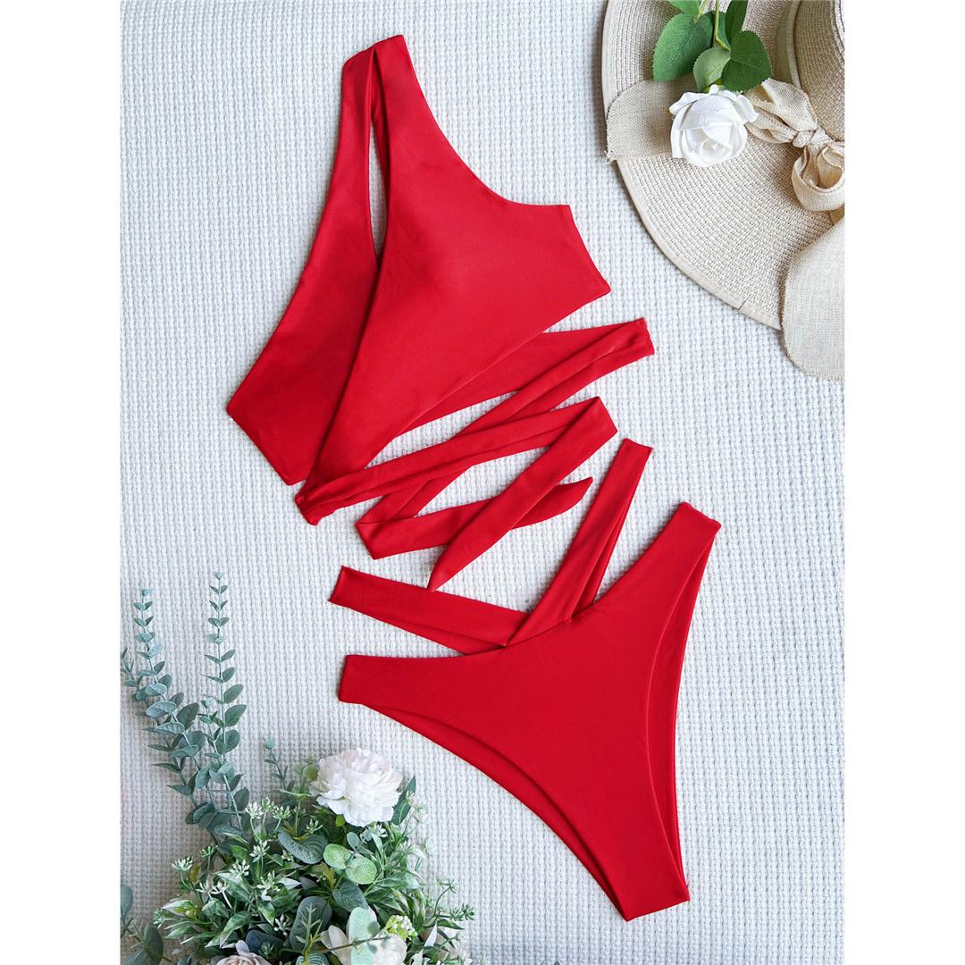 

Сексуальное бикини на одно плечо с высокой талией, женский купальник, женский купальник из двух частей, комплект бикини, купальный костюм для плавания L красный