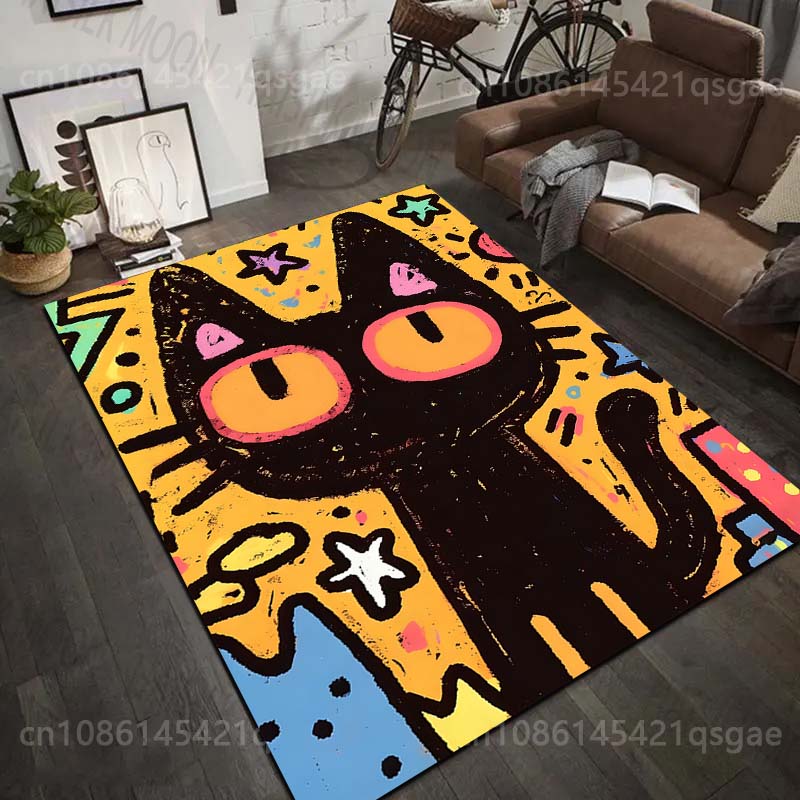 Mehrere Größen Cartoon schwarze Katze mit Sternen Teppich für Wohnzimmer Schlafzimmer Sofa Heimdekoration Rus Rutschfeste Fußmatte Luxuriöses Geschenk