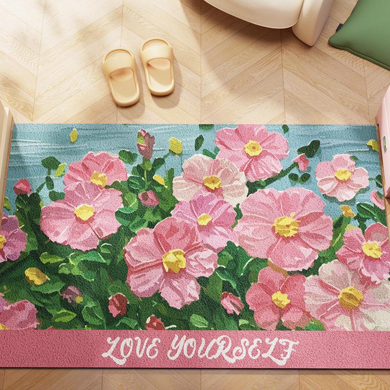 Oil Painting Style Floral Anti-Slip Floor Mat - Wear-Resistant, Easy to Clean, Irregular Shape, Cuttable