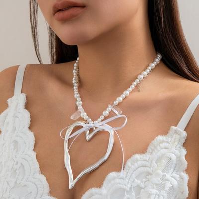Women Necklace Faux Pearl Big Heart Pendant Hollow Chain Bow Decor Adjustable Length Stainless Neck Decoration Jewelry Party Beach Clavicle Necklace