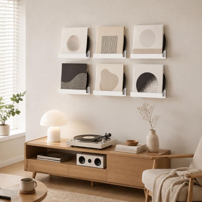 Record Collection Wall Display, 6pcs Separate Shelves with Ready Mounting Holes, Open-Front Access, and Installation Hardware