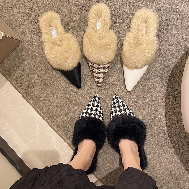 Pointed Mao Mao Shoes Women's Autumn and Winter 2025 New Korean Version Fashion Outer Wear Bag Head Half Slippers Mao Mao Muller Shoes Low Heel