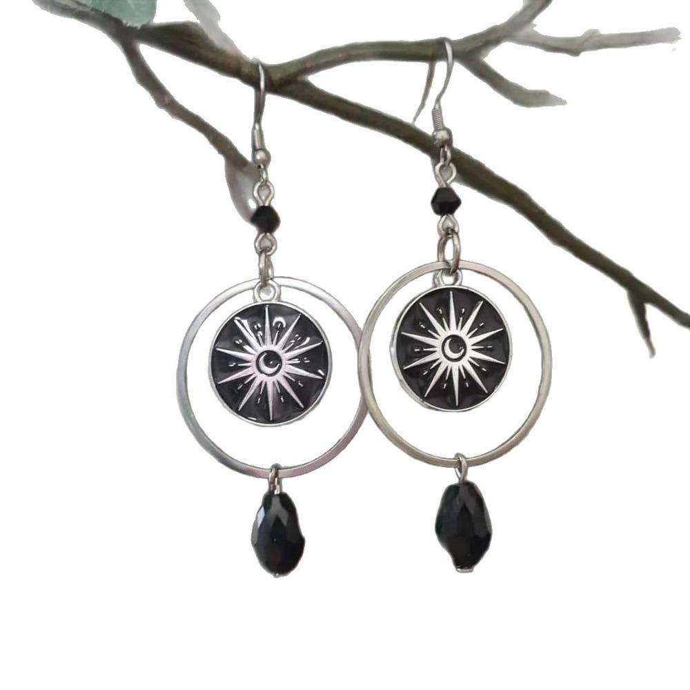 Witchy Celestial Sun Moon Dangle Earrings Black Crystal Drop Earrings for Women Halloween Gothic Pagan Stainless Steel Jewelry