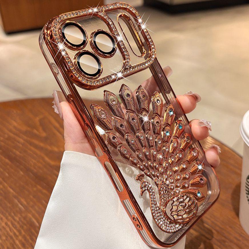 Luxury Plating Peacock Glitter Diamond Phone Case for 17 Pro Max Air 17 Pro 16 15 14 13 Soft Clear TPU Lens Film Cover