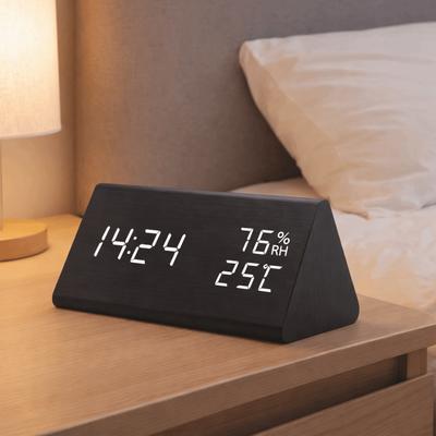 Triangular Wooden LED Alarm Clock Humidity and Temperature Display Adjustable Brightness Electronic Alarm Clock Voice-activated