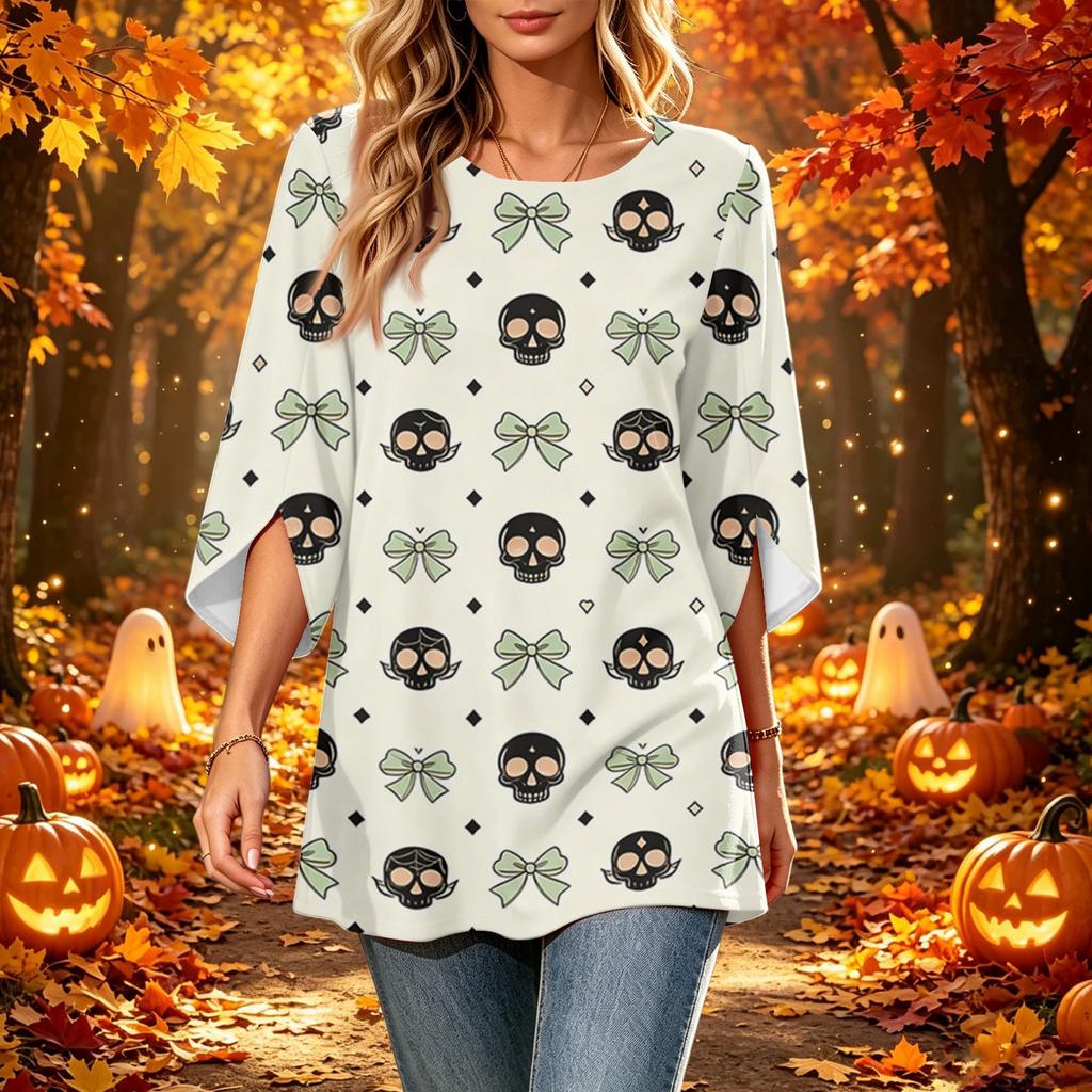 Women's Halloween Print Casual Loose Fit Three-Quarter Sleeve Round Neck Top